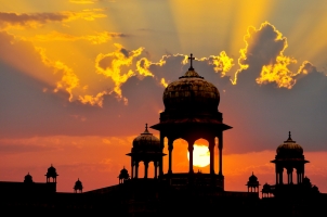 India - Mogul design palace domes sunset Rajasthan