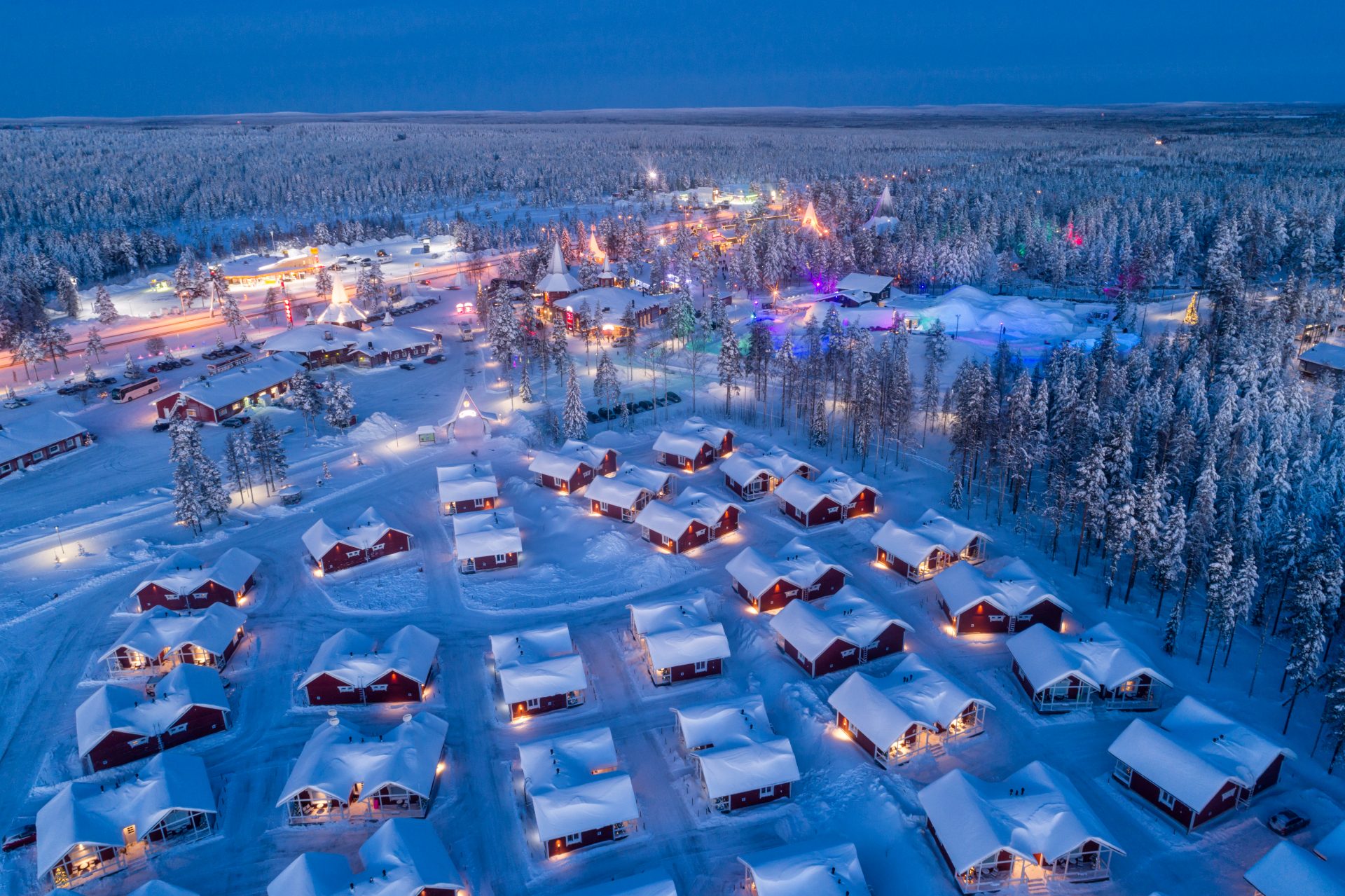 Finland - Aerial night view of Santa Claus Village in Rovaniemi in Lapland in Finland